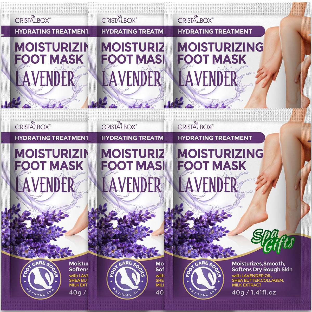 CRISTALBOX front packaging showing six moisturizing foot masks for easy selection