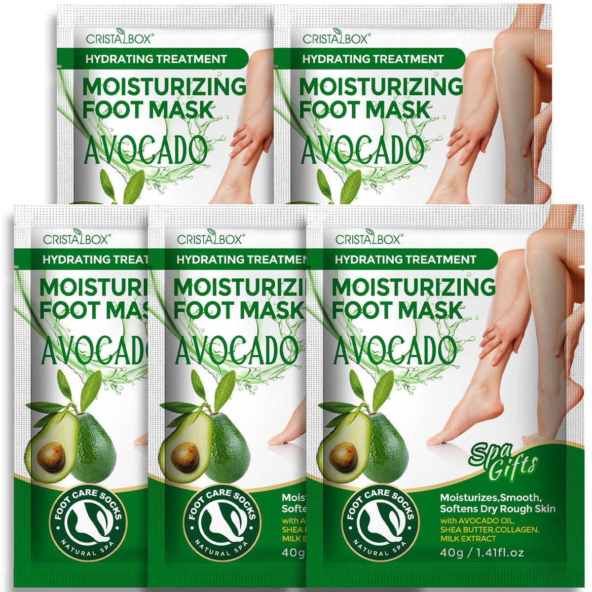 CRISTALBOX front packaging showing five moisturizing foot mask pack and benefits