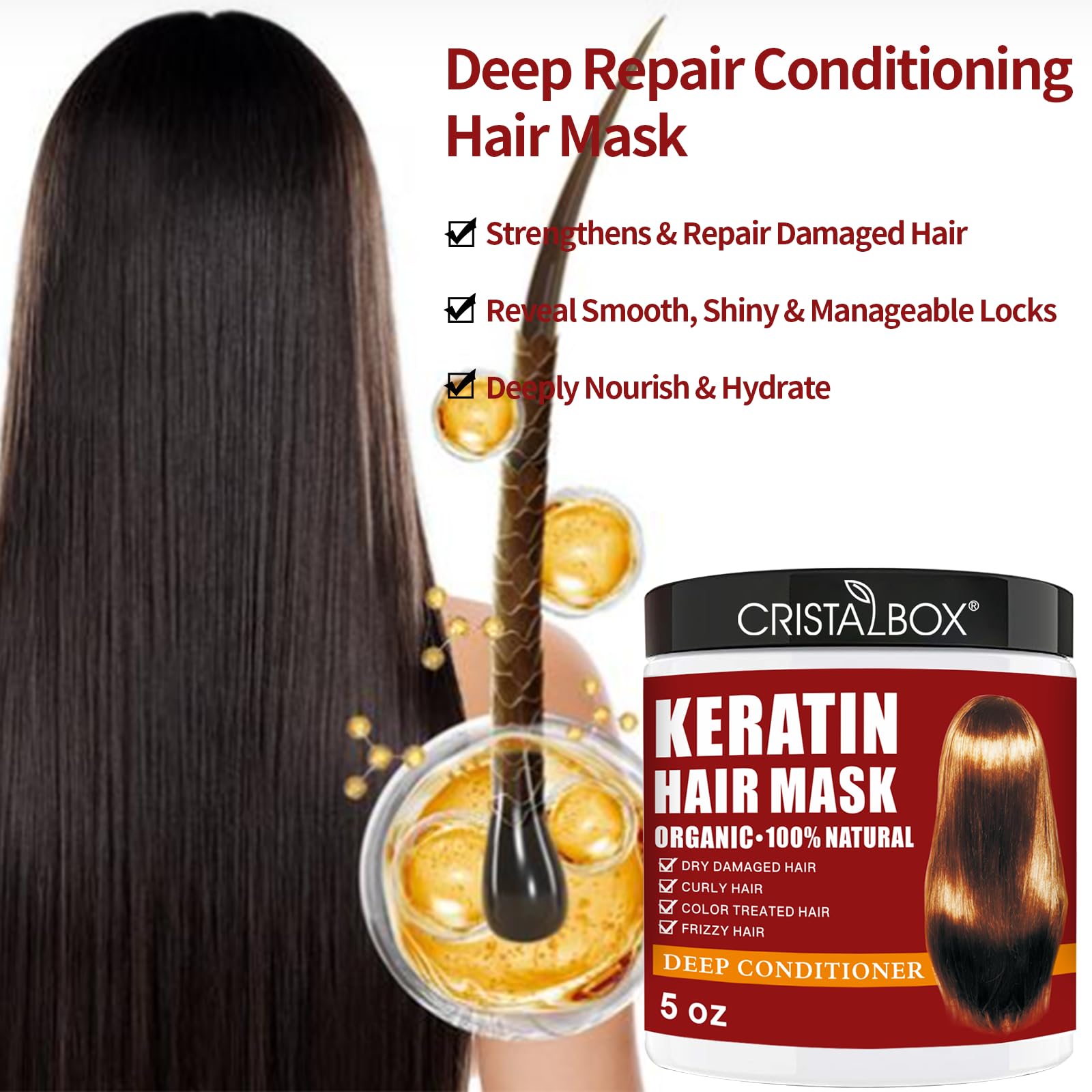 CRISTALBOX keratin mask close-up cream texture demonstrating rich smoothing benefits