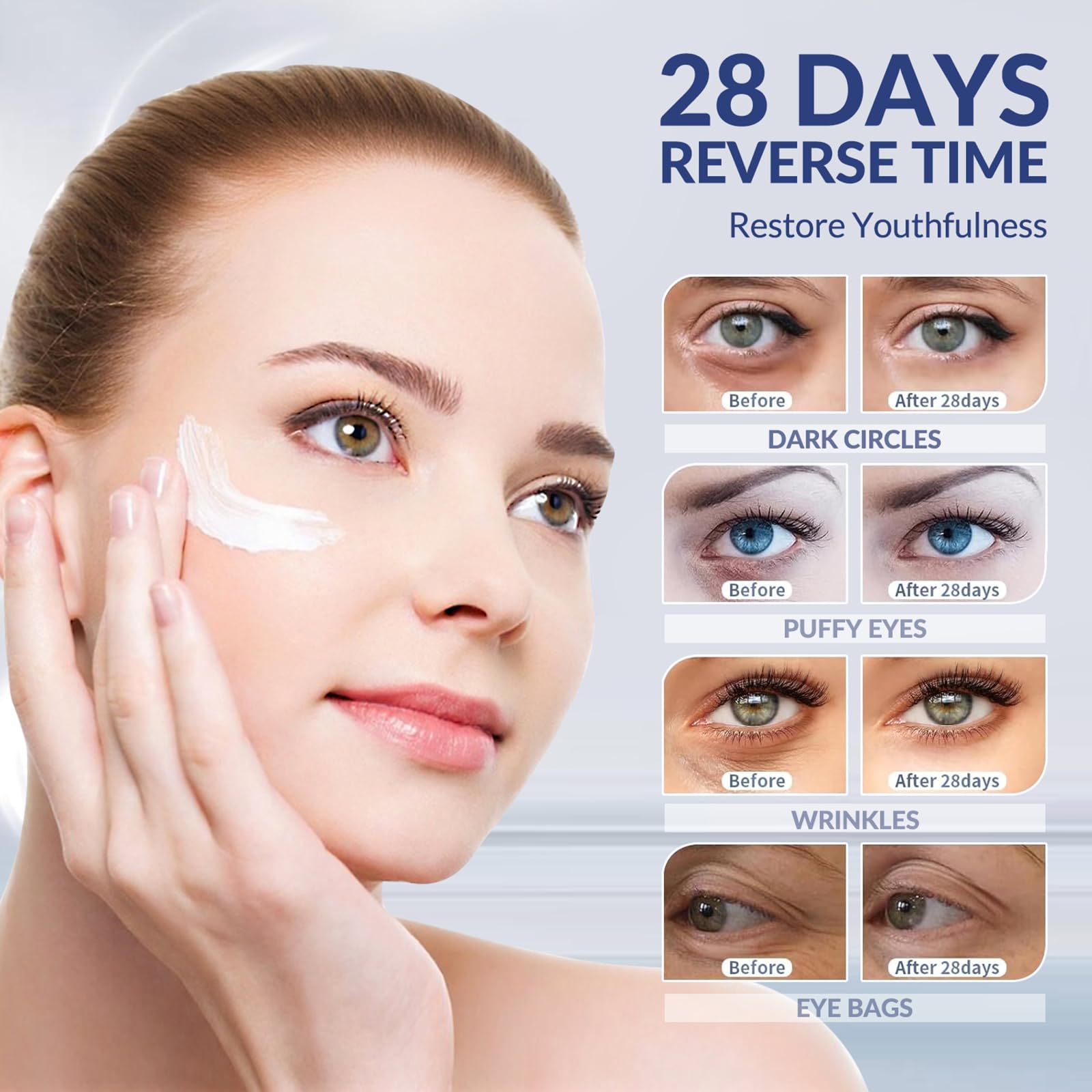 Crogooe applying cream under eye illustrating targeted use and de-puffing