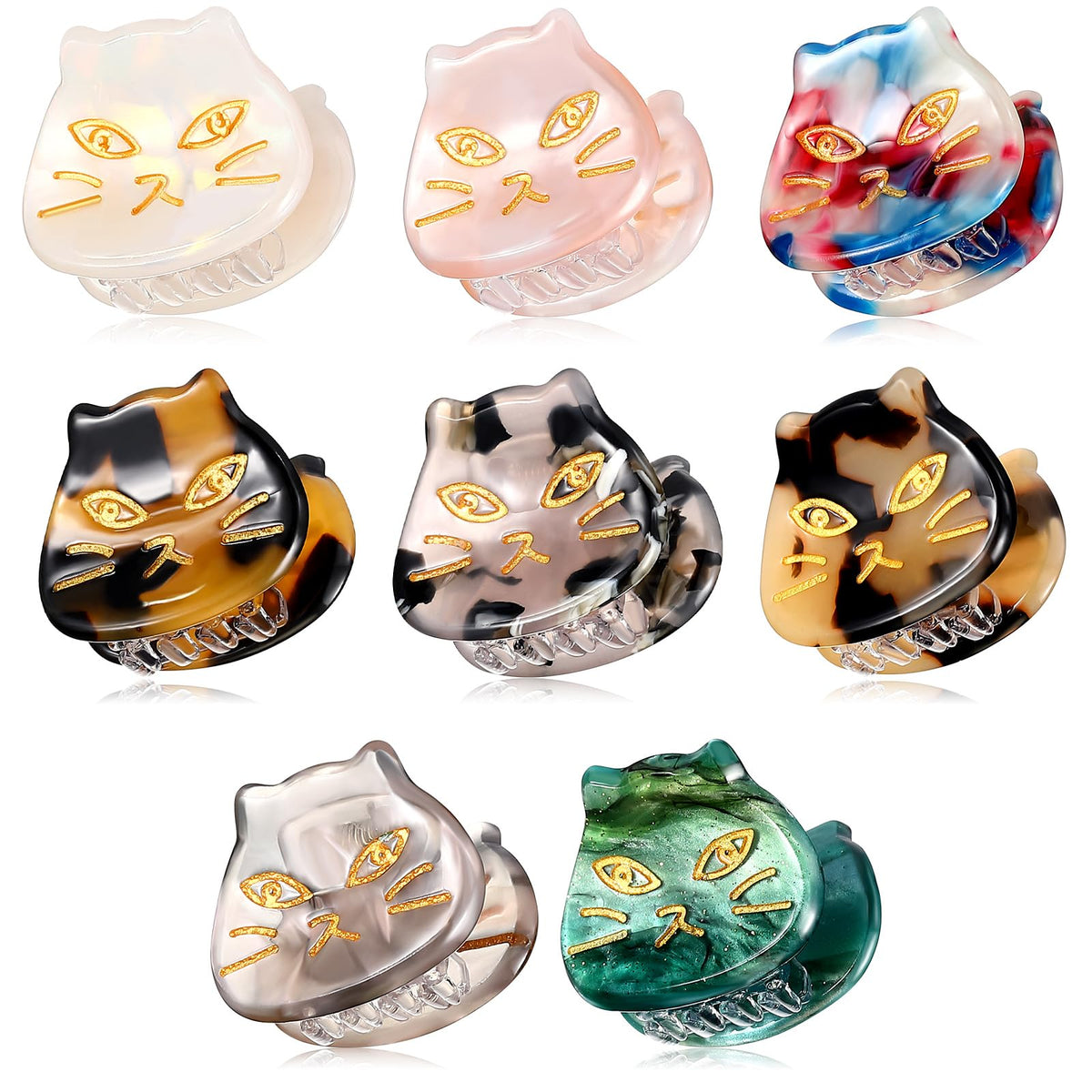 Crowye front view of eight cat-shaped mini hair clips showing colors and design benefit