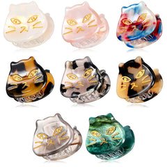 Crowye front view of eight cat-shaped mini hair clips showing colors and design benefit