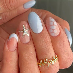 CTTHNBD close-up almond nail starfish detail highlighting precise printed design