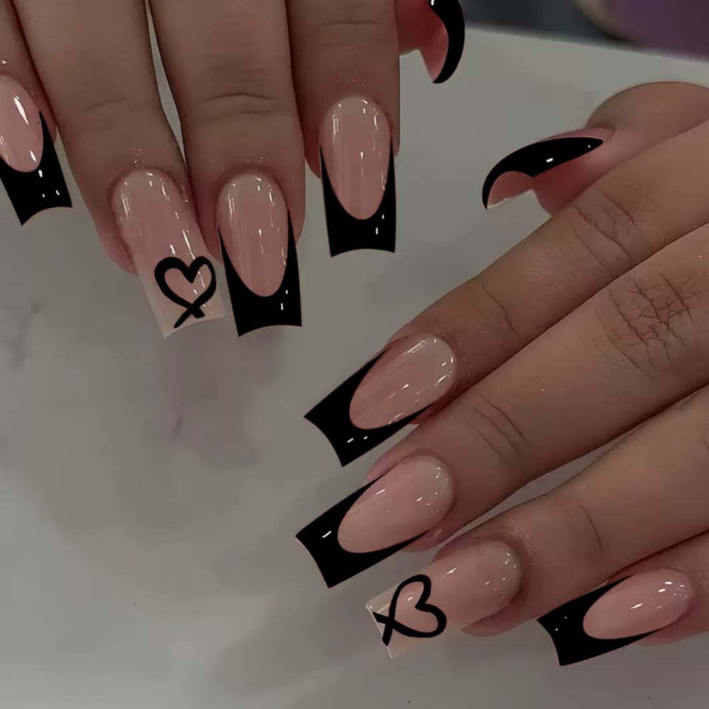 CTTHNBD front packaging of black French tip coffin press on nails showing contents