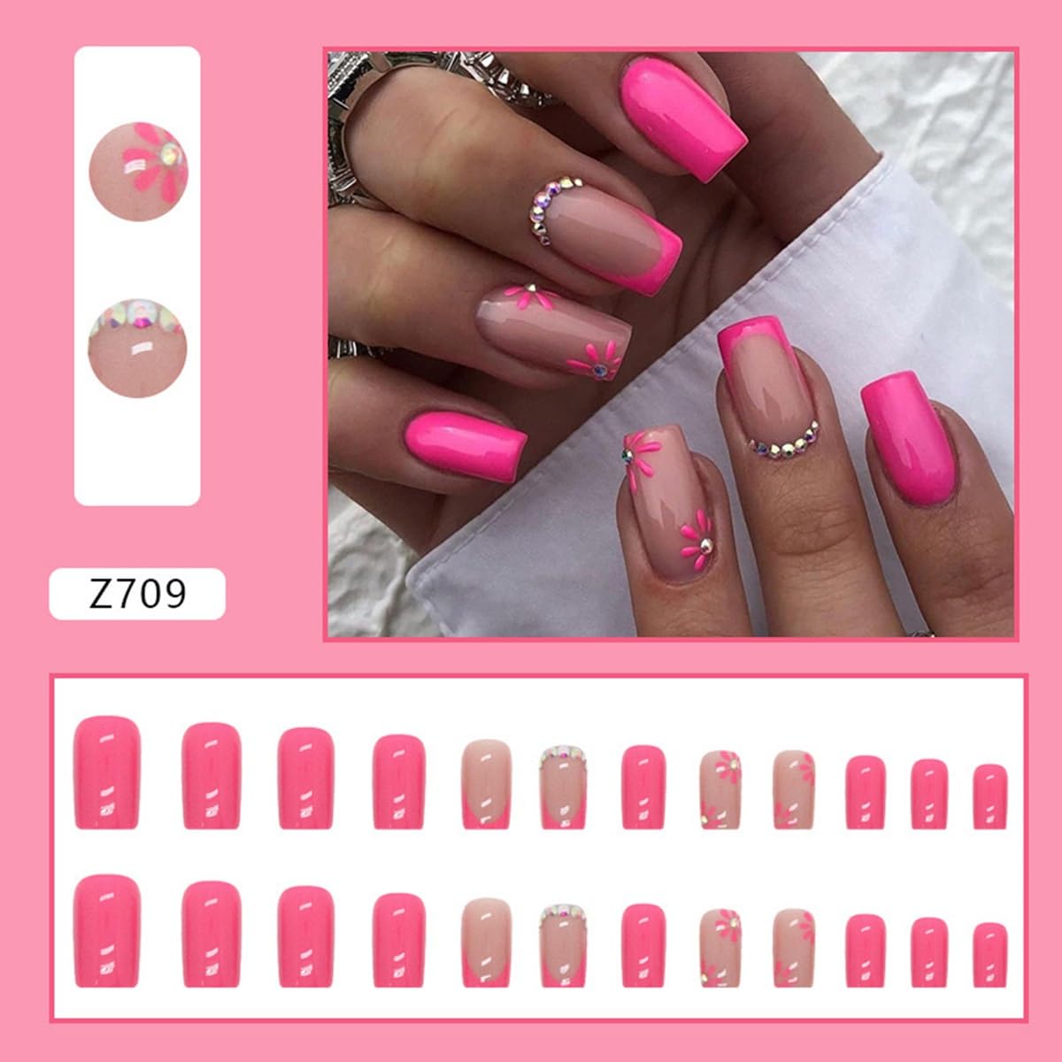 CTTHNBD closeup of floral detail on square tip nails, highlighting decorative precision