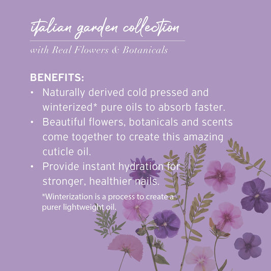 Close-up of violet and peony petals inside Cuccio oil, highlights natural botanicals