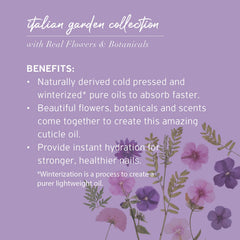Close-up of violet and peony petals inside Cuccio oil, highlights natural botanicals