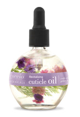 Cuccio bottle front view showing petals and elegant label, enhances vanity display