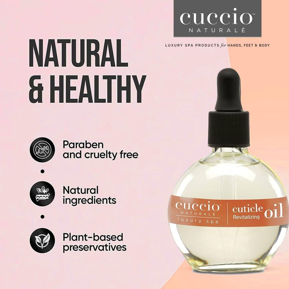 Cuccio bottle next to ruler showing 2.3 fl oz size and portability benefit