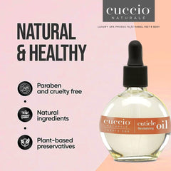 Cuccio bottle next to ruler showing 2.3 fl oz size and portability benefit