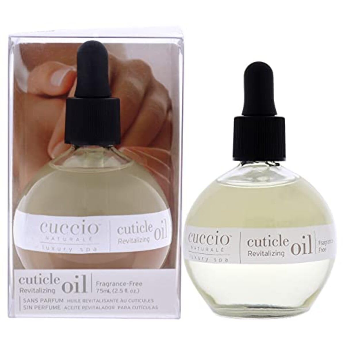 Cuccio bottle next to hand showing 2.30 fl oz size for travel convenience