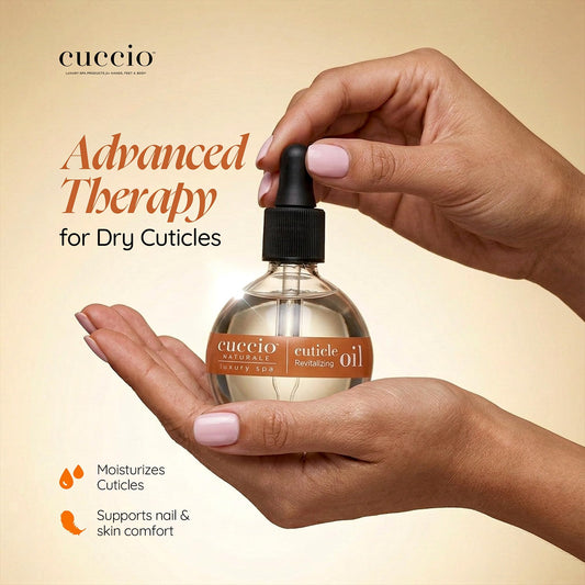 Cuccio dropper dispensing oil showing precise application benefit