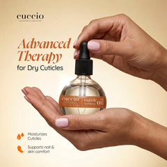 Cuccio dropper dispensing oil showing precise application benefit