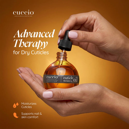 Cuccio close-up dropper dispensing oil, highlights precise application benefit
