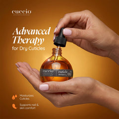 Cuccio close-up dropper dispensing oil, highlights precise application benefit