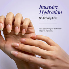 Cuccio oil in a spa setting with towels and lavender conveying calming, salon-quality results