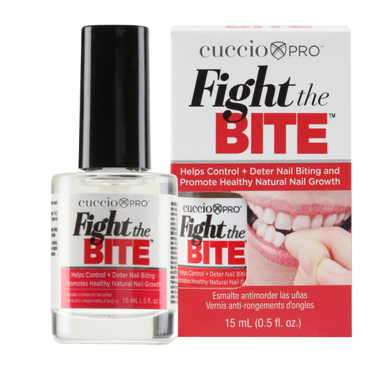 Cuccio front packaging showing clear no-bite bottle and label benefit