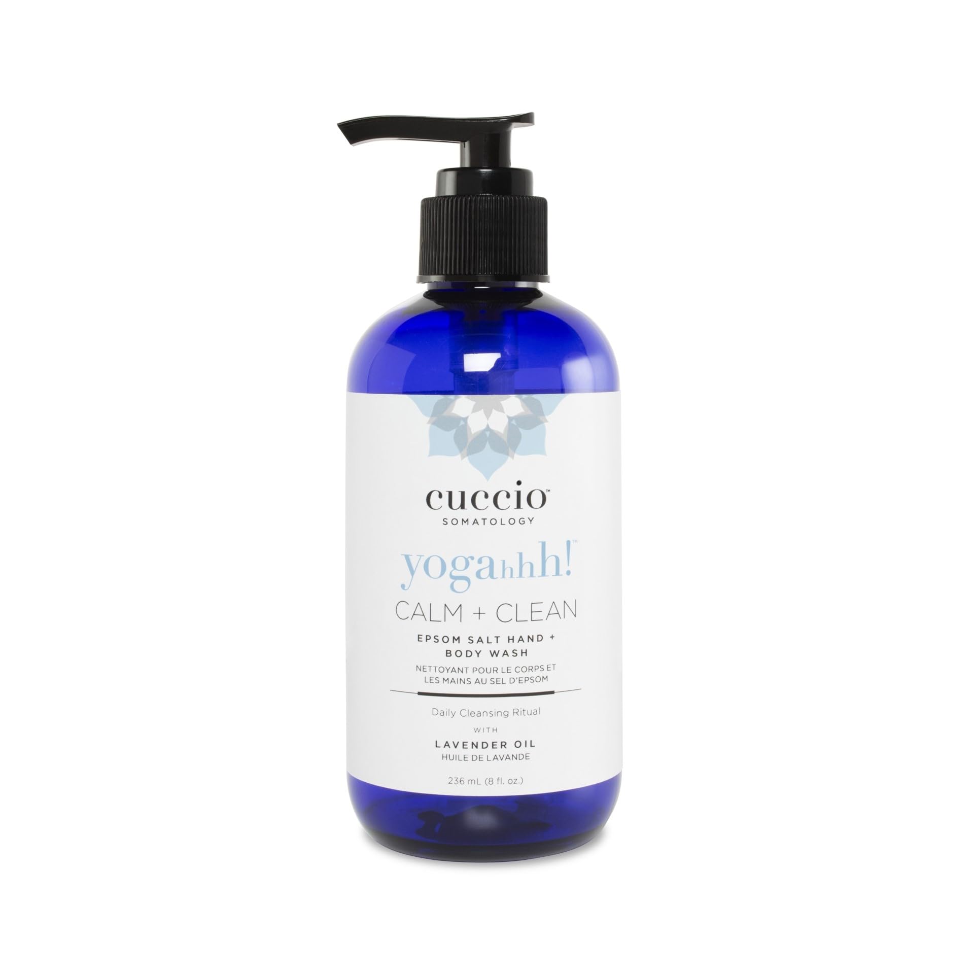 Cuccio front packaging showing calm and clean lavender body wash, clear brand presentation and benefit