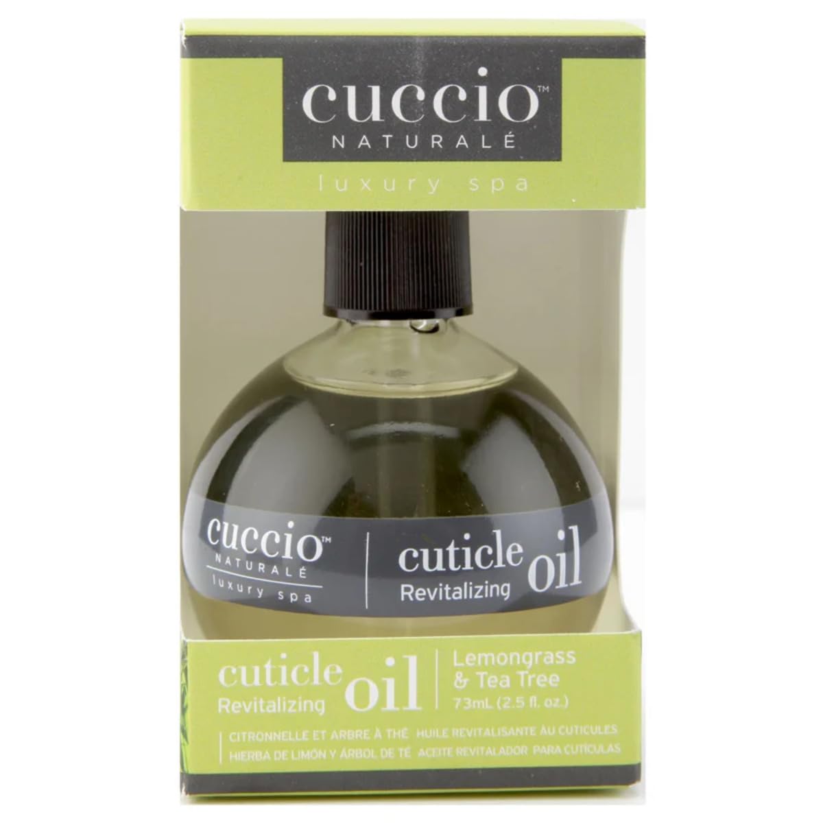 Cuccio front packaging of lemongrass and tea tree cuticle oil showing bottle benefit