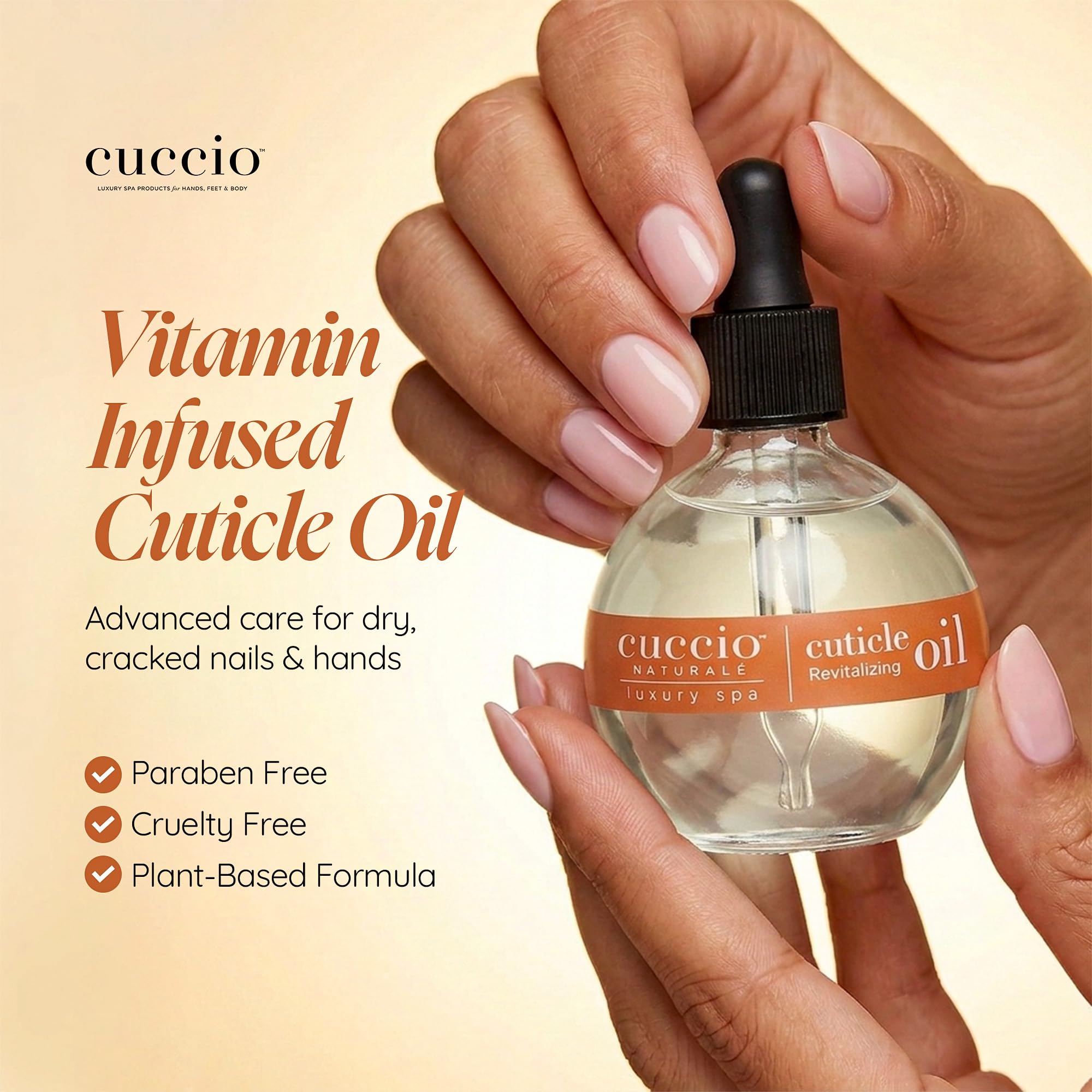 Cuccio bottle in a hand to show compact size and travel convenience benefit