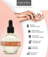 Cuccio ingredients display with sweet almond oil jar showing natural nourishment benefit
