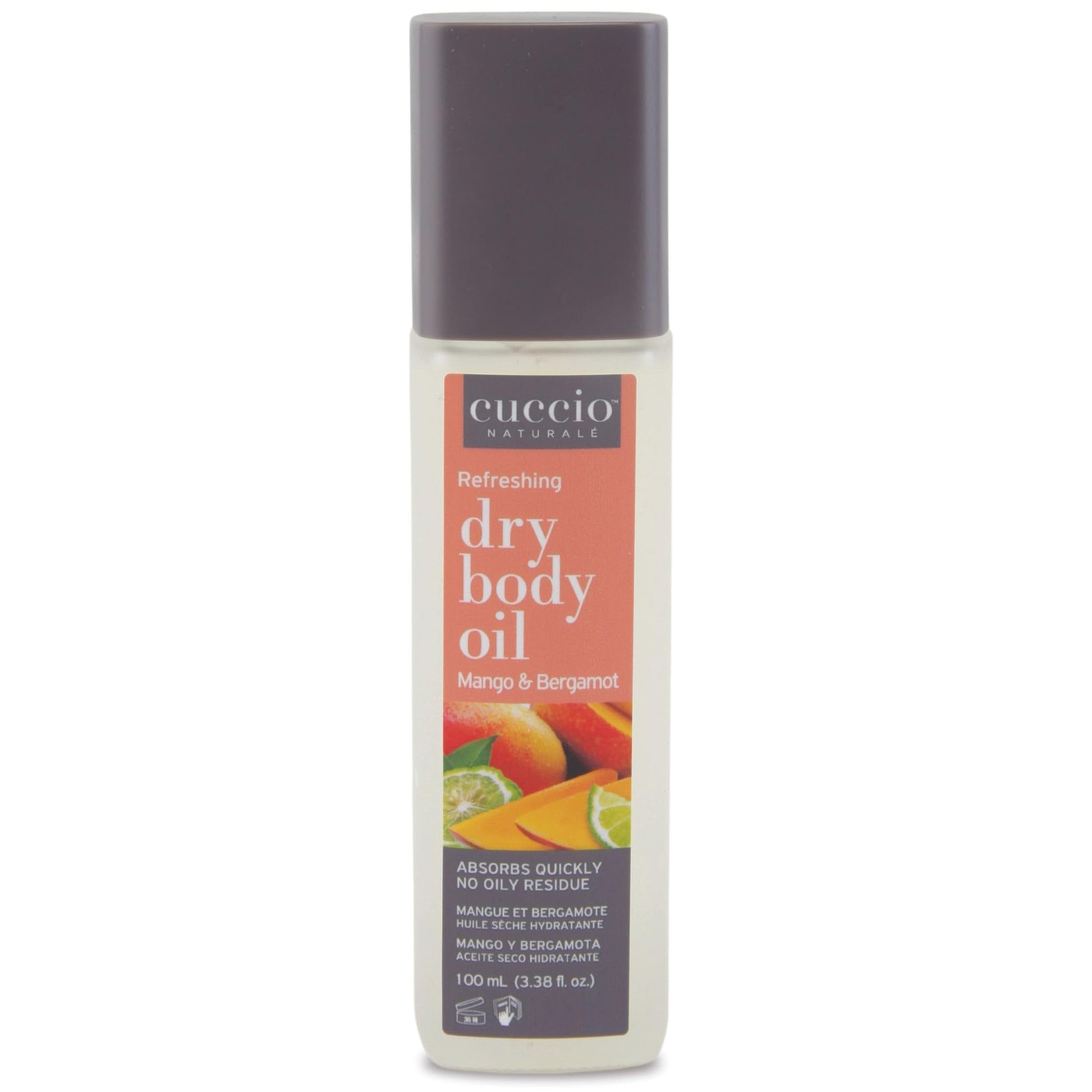 Cuccio front bottle view showing mango bergamot scent and easy-pour benefit