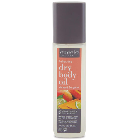 Cuccio front bottle view showing mango bergamot scent and easy-pour benefit