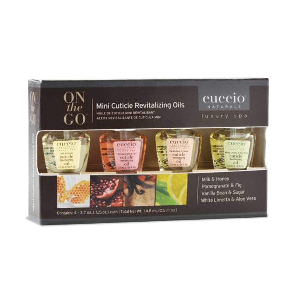 Cuccio mini cuticle oils front packaging showing four scent bottles and benefits