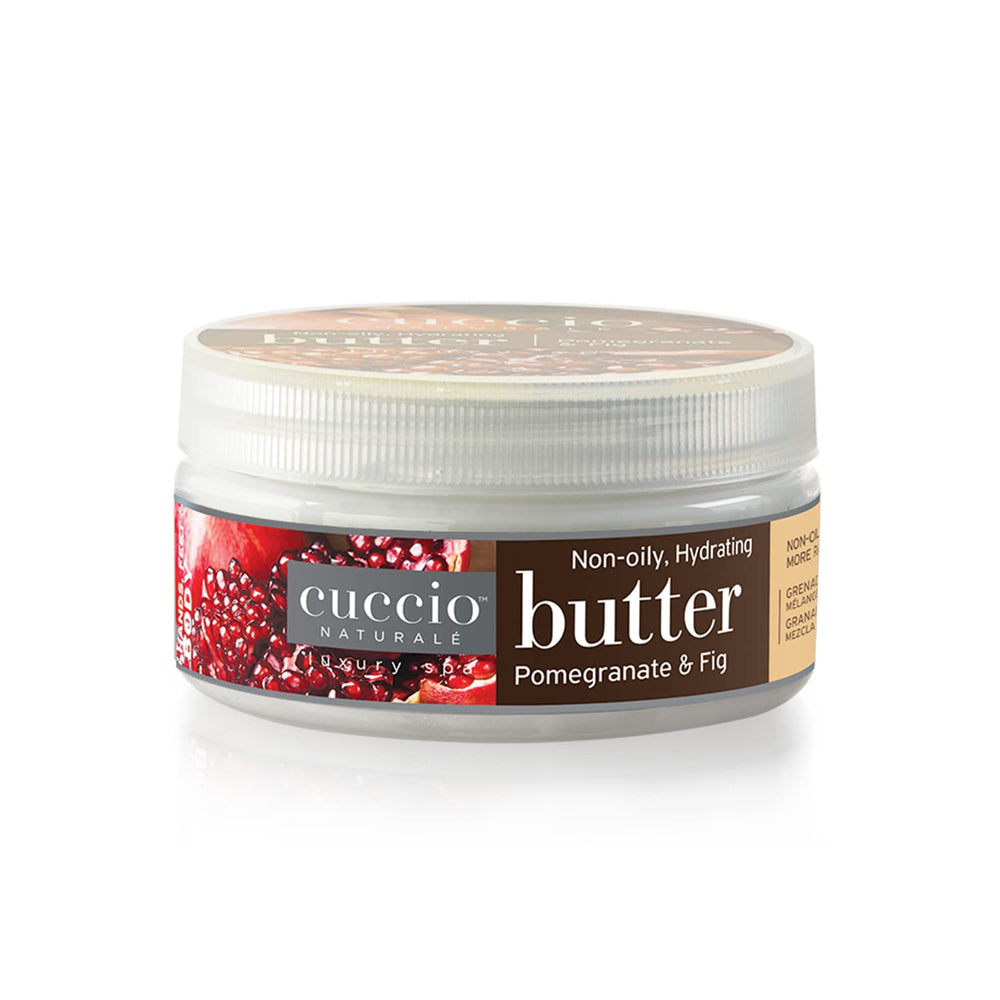 Cuccio front jar showing pomegranate and fig body butter, highlights nourishing moisture