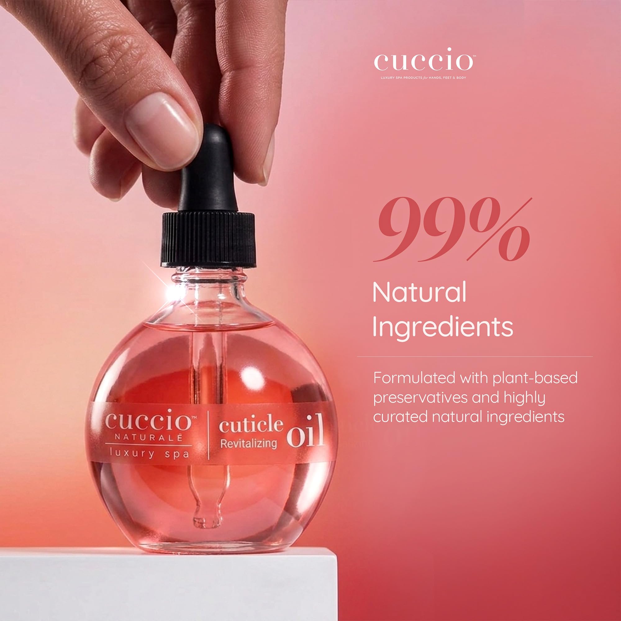 Cuccio oil drop texture highlighting cold-pressed oils and lightweight feel