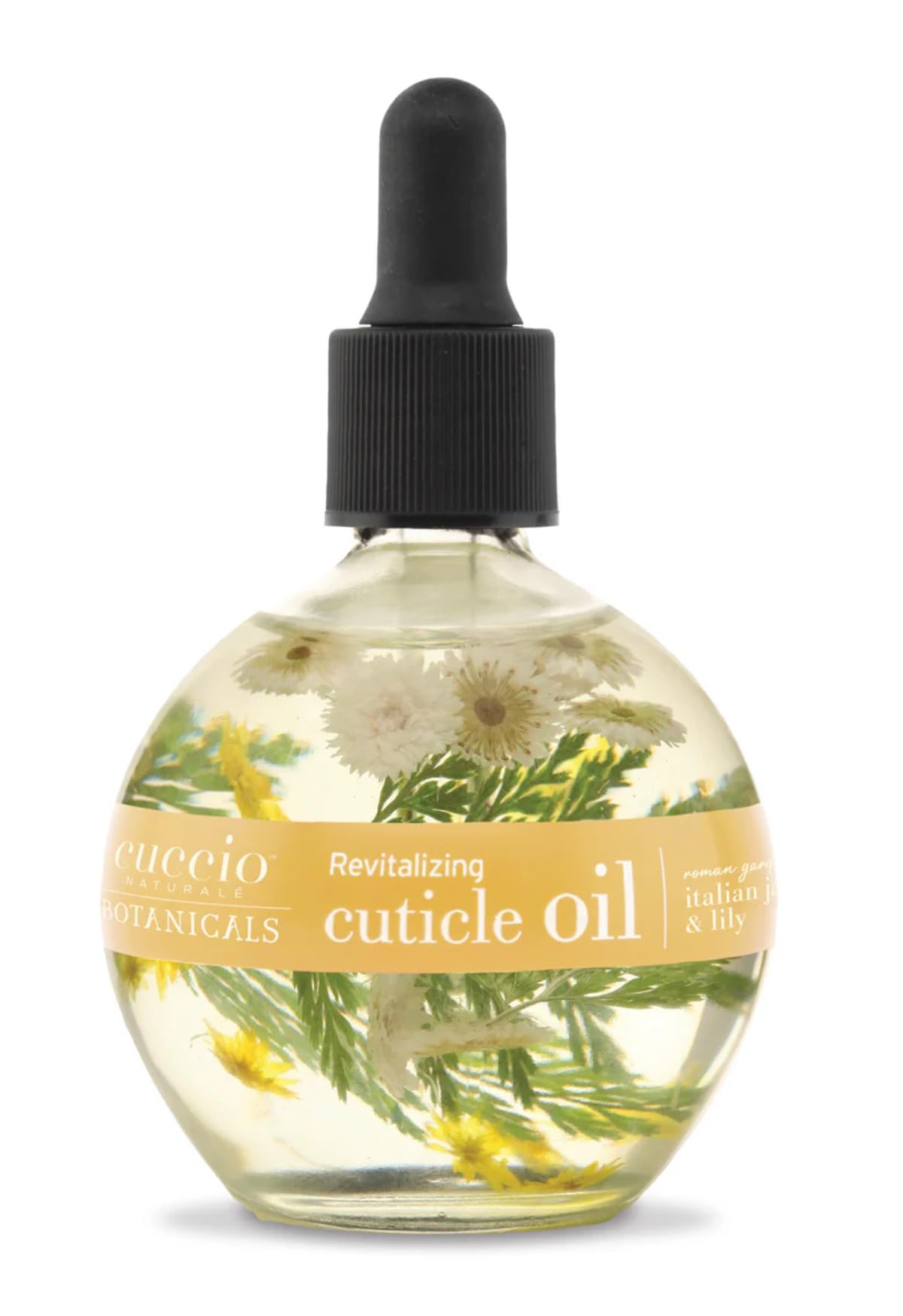 Cuccio front bottle showing flowers and clear packaging with elegant display benefit