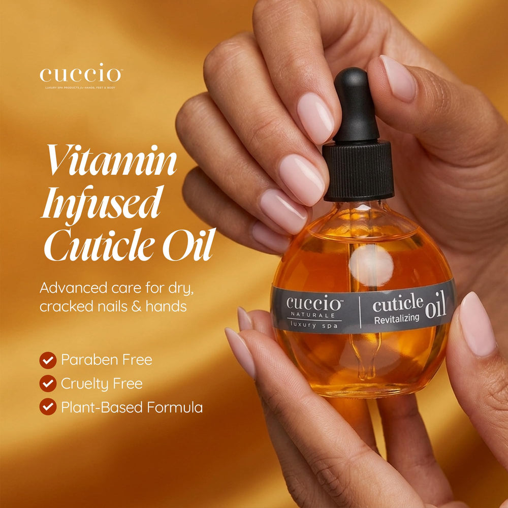 Cuccio 2.3 fl oz bottle next to common items for size comparison benefit