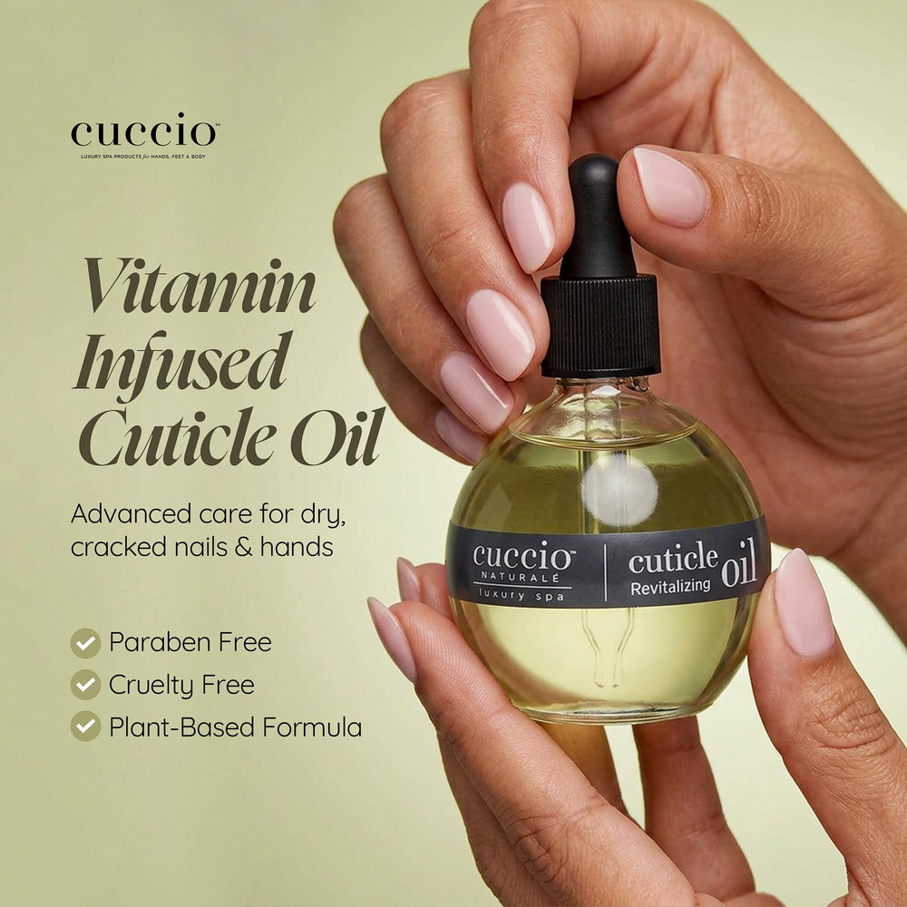Cuccio size comparison with hand showing generous 2.3 fl oz supply