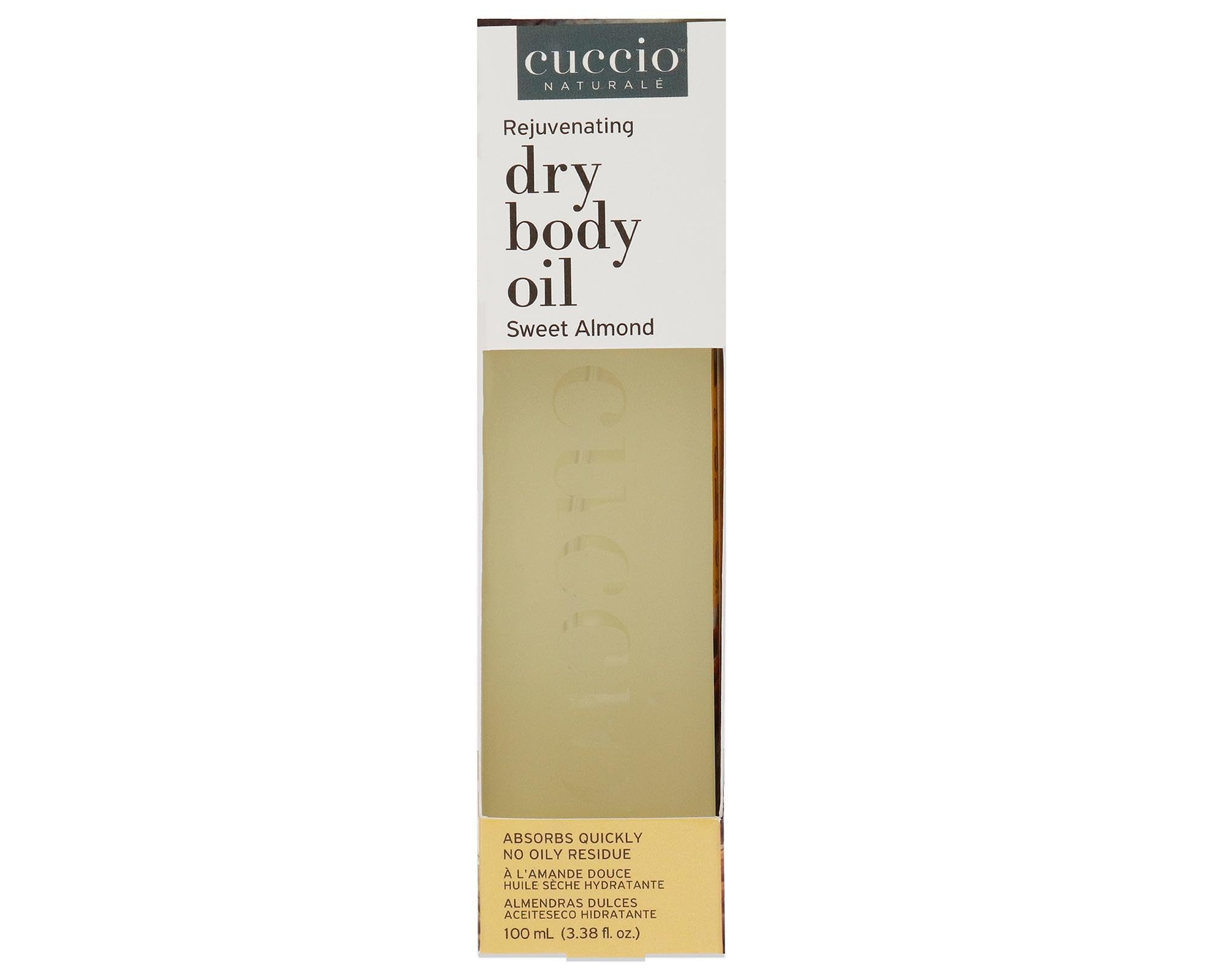 Cuccio bottle front view showing Sweet Almond label and fast-absorbing benefit