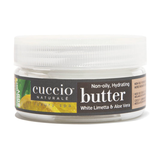 Cuccio White Limetta & Aloe Vera jar front showing label and compact size for travel