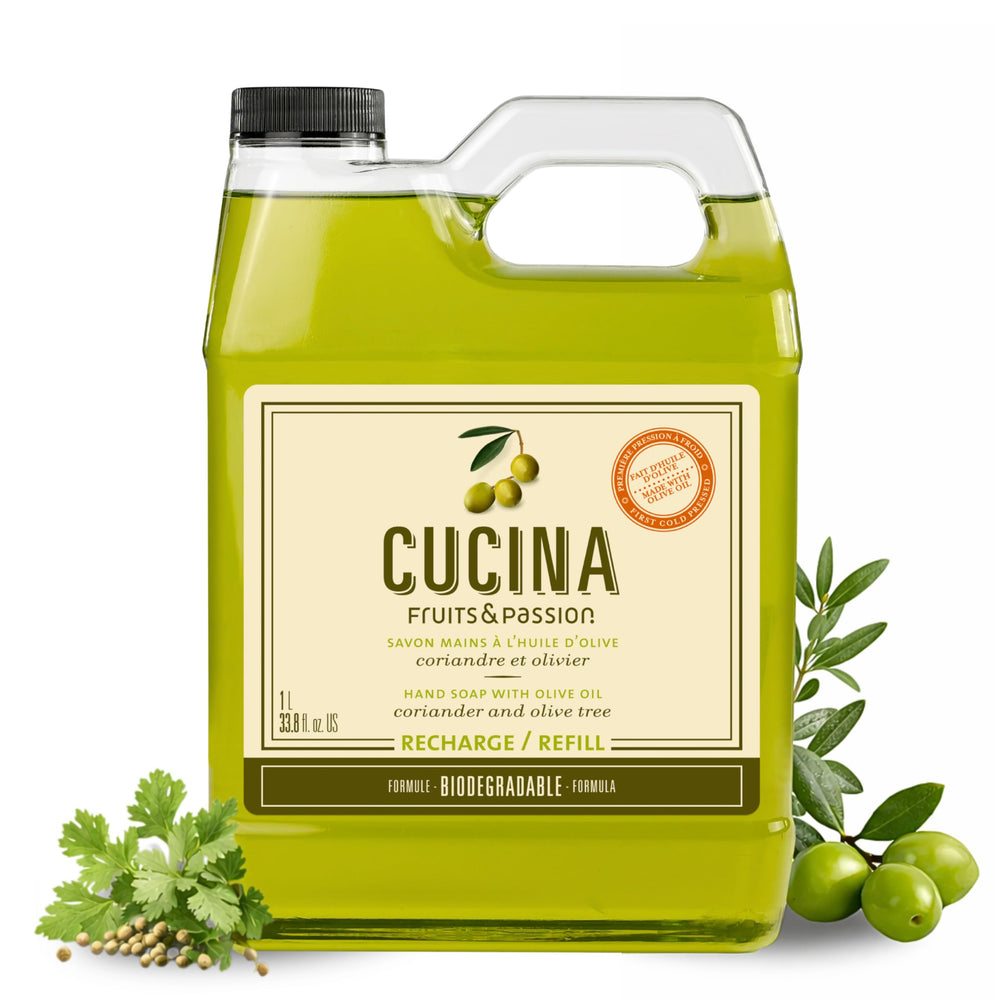 Cucina coriander and olive tree refill front packaging showing 1 liter size and benefits