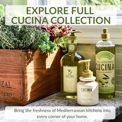 Kitchen counter scene with Cucina refill and utensils showing food-safe, subtle scent