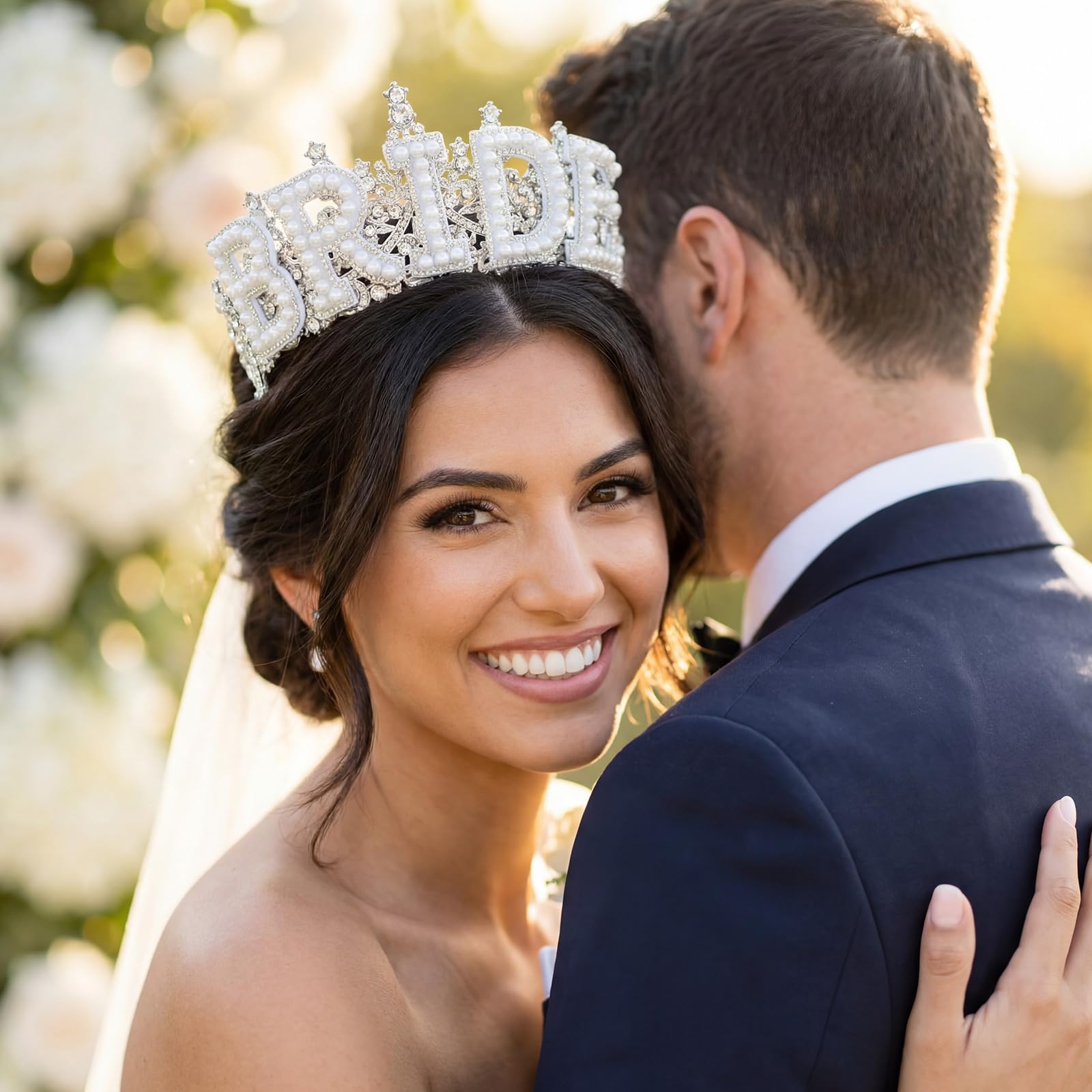 Cunno bridal crown worn in updo demonstrating secure fit and photo-ready look