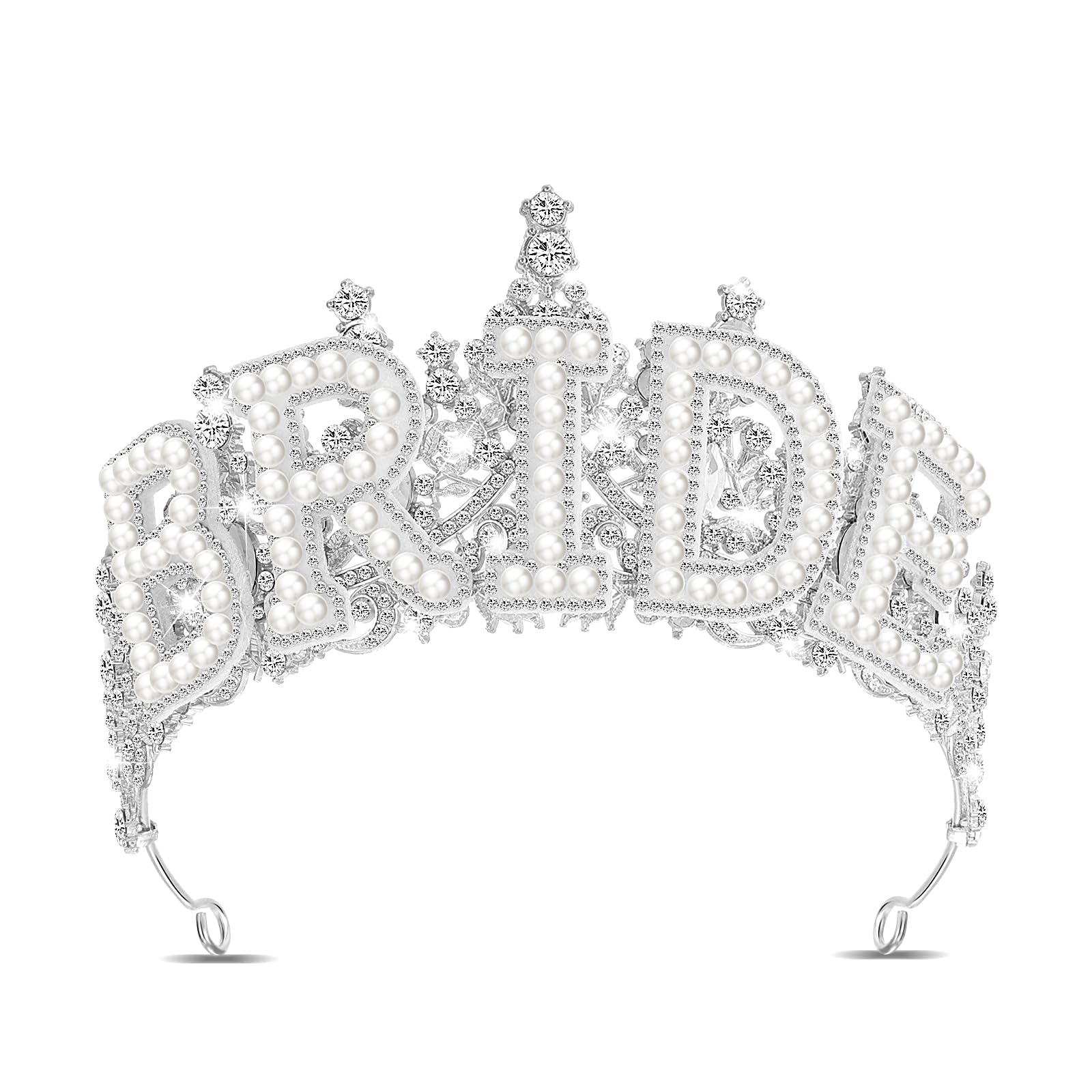 Cunno bride crown front view shows sparkling rhinestones and elegant silhouette