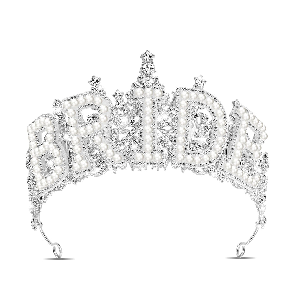 Cunno bride crown front view shows sparkling rhinestones and elegant silhouette