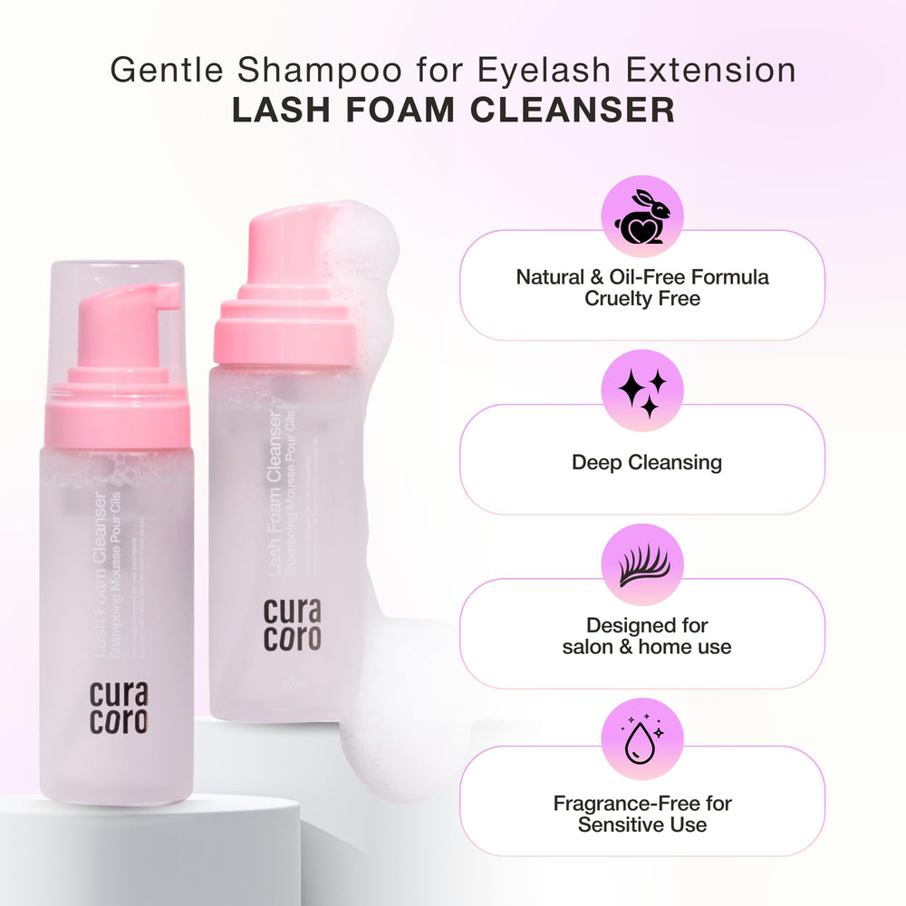 CURACORO used on model with lash extensions demonstrating safe, non-damaging cleaning benefit