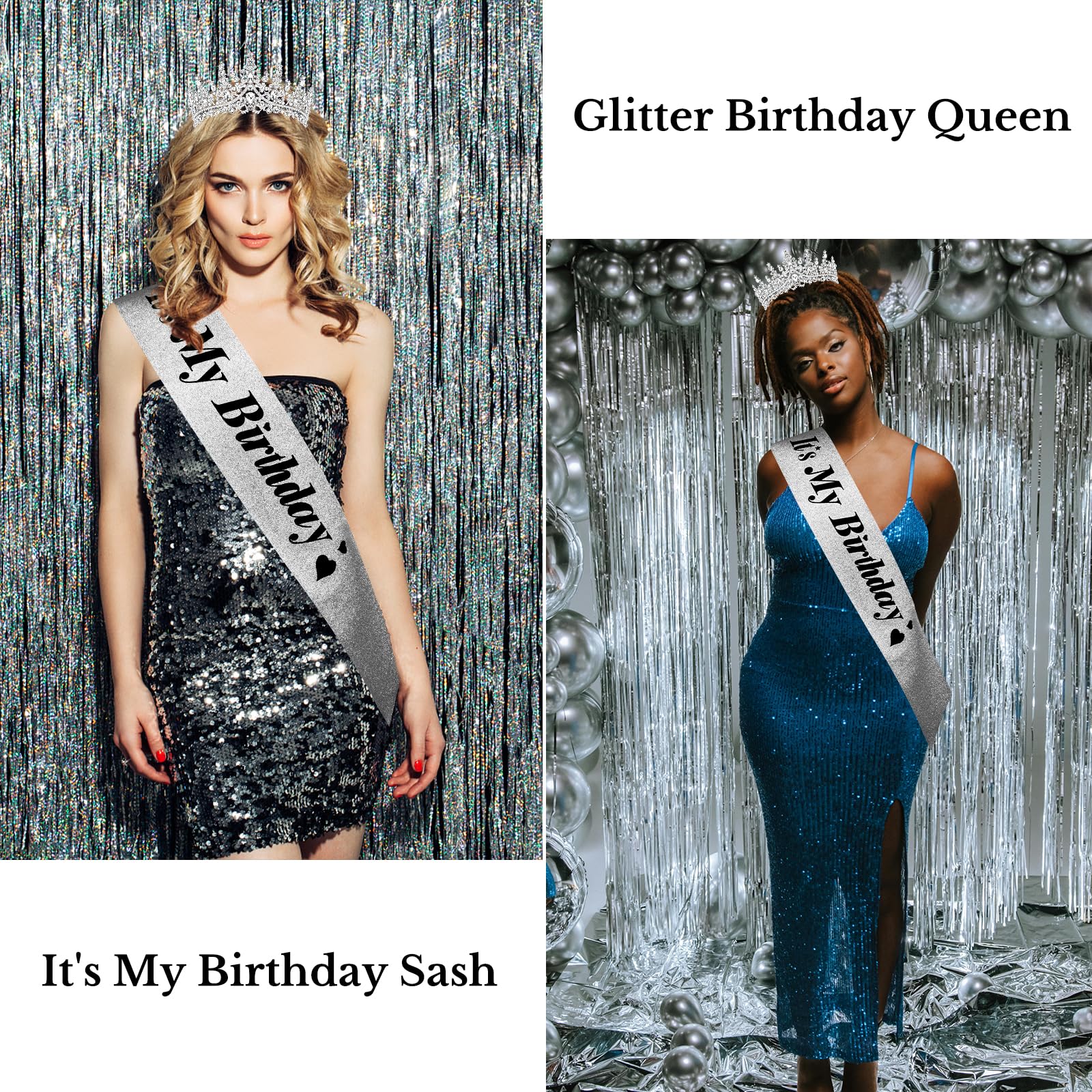 CURASA sash full length in silver glitter showing clear "It's My Birthday" text