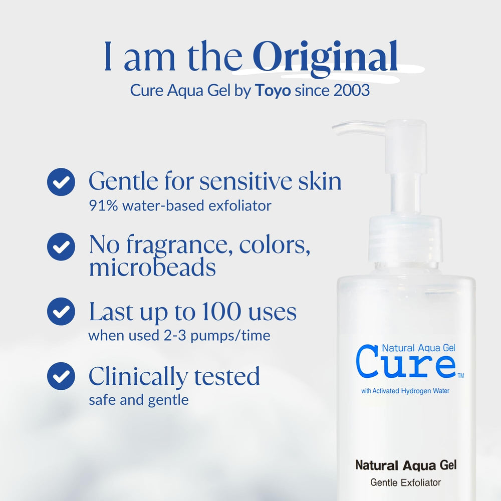 NATURAL AQUA GEL CURE tube on bathroom shelf in lifestyle scene signaling daily skincare routine