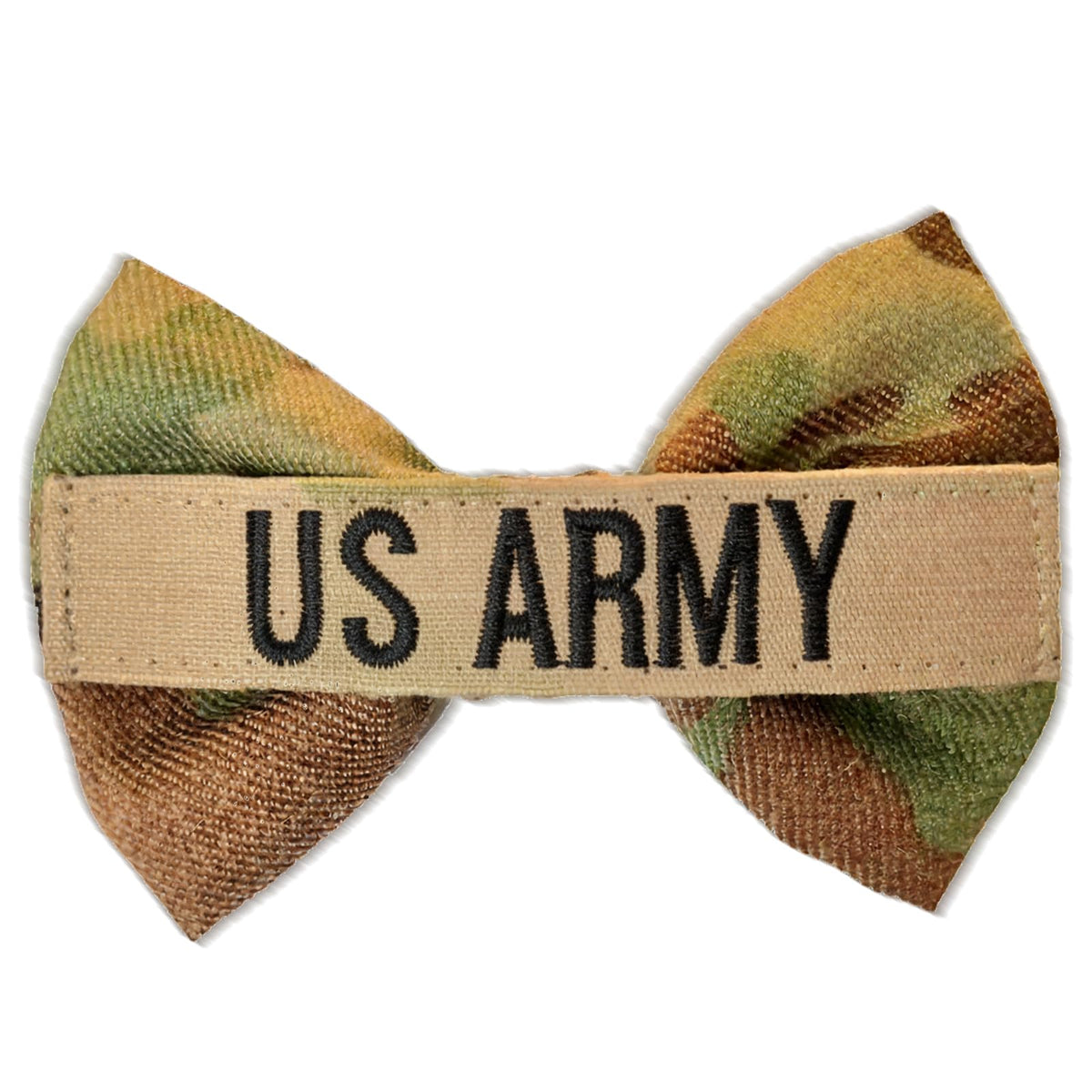 CureHug OCP hair bow front view showing tidy shape and Multicam benefit
