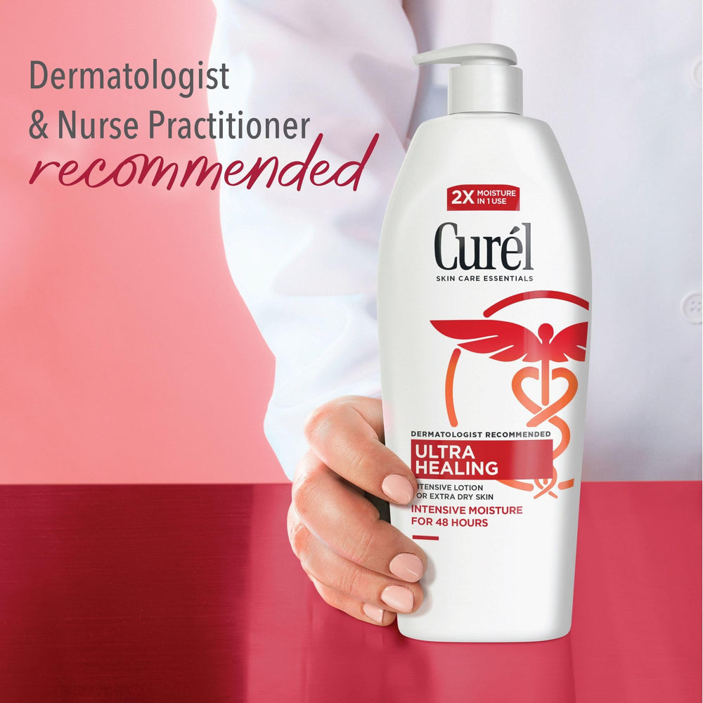 Curel bottle next to common items showing 20 fl oz size and value benefit