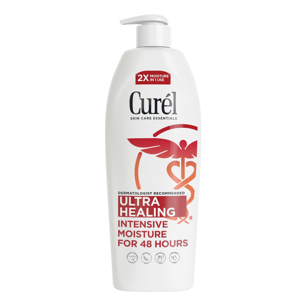 Curel front pump 20 fl oz showing full bottle and easy dispensing benefit