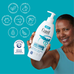 Pouring Curel lotion to show creamy texture and fast absorption