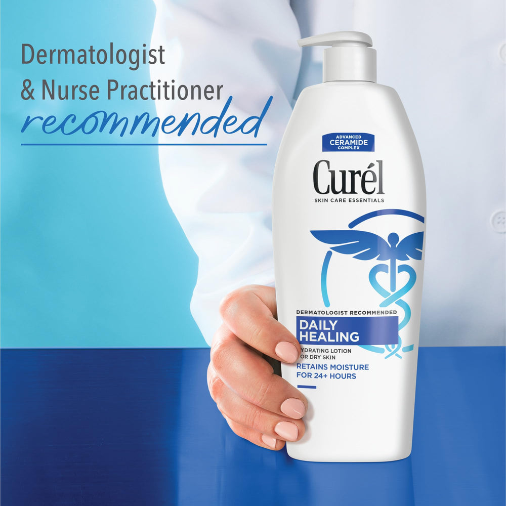 Curel size scale next to hand showing 20 oz practical value