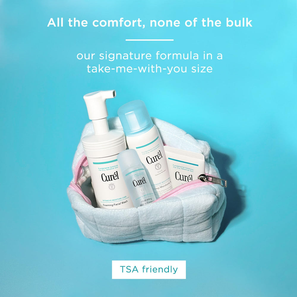 Curel bottle with travel essentials highlighting portability and ease