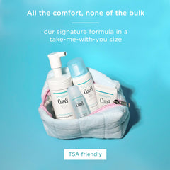Curel bottle with travel essentials highlighting portability and ease